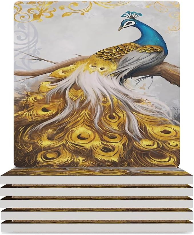 Peacock Drink Coasters, Square Ceramic Drink Coaster Square-6PCS, Tree Branch Vintage Beautiful Gold Peacock Decor Absorbent Ceramic Coasters for Beverage Cup, Bar, Coffee Table