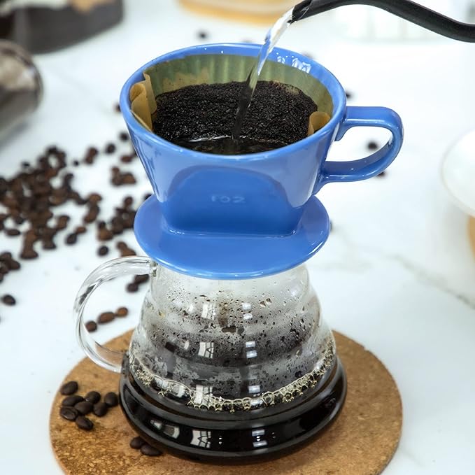 Pour Over Ceramic - Coffee Dripper Ceramic Coffee Maker with 3 Holes Flat Bottom, Porcelain Slow Filter Cone for Travel, Camping, Office, Home, Coffee Maker Brew, Blue