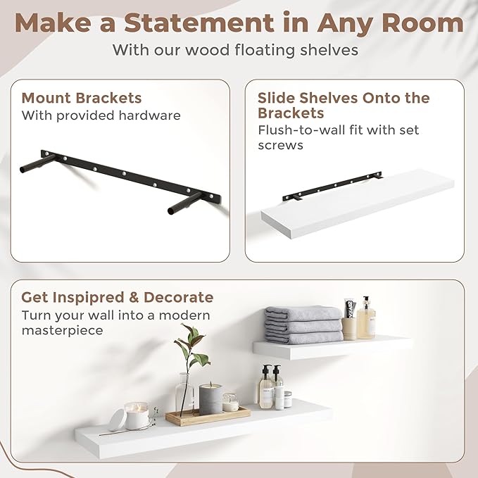 Floating Shelves for Wall with Invisible Brackets, Wall Mounted Engineered Wood Shelves with Wood Grain for Living Room, Bedroom, Bathroom, Kitchen Decor and Storage, Oak, 12"L Set of 3, White