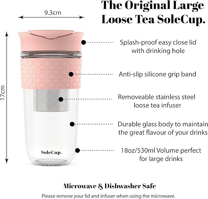 Large Travel Mug Loose Tea Infuser - Detachable Tea Strainer with Spill Proof Lid - 18oz/530ml BPA-Free Reusable Glass Travel Coffee Cup with Silicone Band (Pink, 18oz)