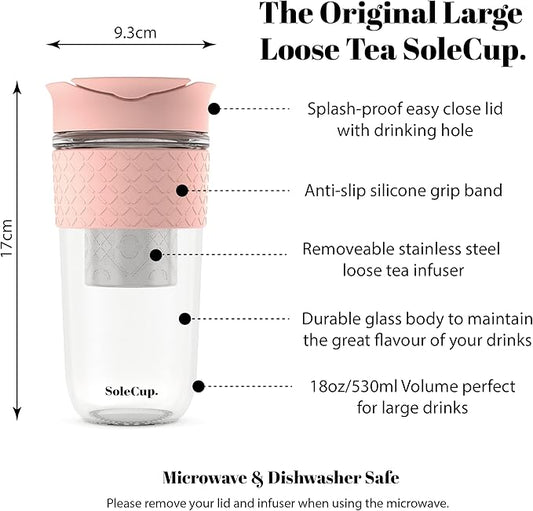 Large Travel Mug Loose Tea Infuser - Detachable Tea Strainer with Spill Proof Lid - 18oz/530ml BPA-Free Reusable Glass Travel Coffee Cup with Silicone Band (Pink, 18oz)