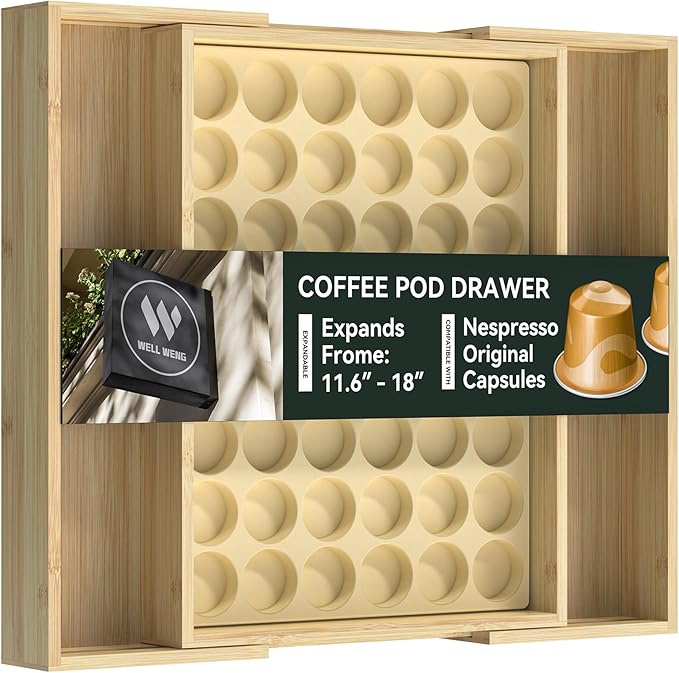 for Nespresso Original Capsules - Expandable Bamboo Coffee Pod Storgae for Counter Drawer Insert - 48 Capsules & Tea Bags Organizer (Expands from 11.6” to 18”)