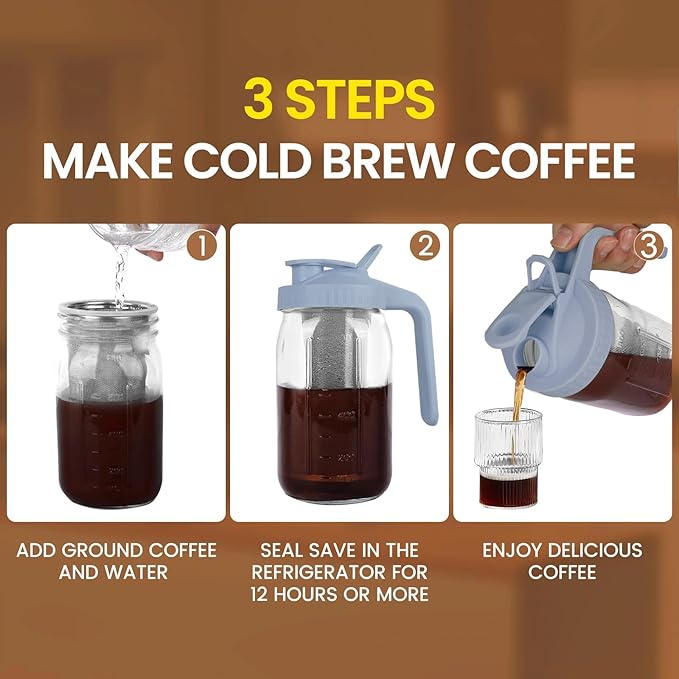 QHH Cold Brew Coffee Maker,32 oz Mason Jar Pitcher with Stainless Steel Filter, Pour Spout Handle Lid, Heavy Duty Glass Airtight & Leak-Proof Pitcher for iced coffee Tea Lemonade-Gray