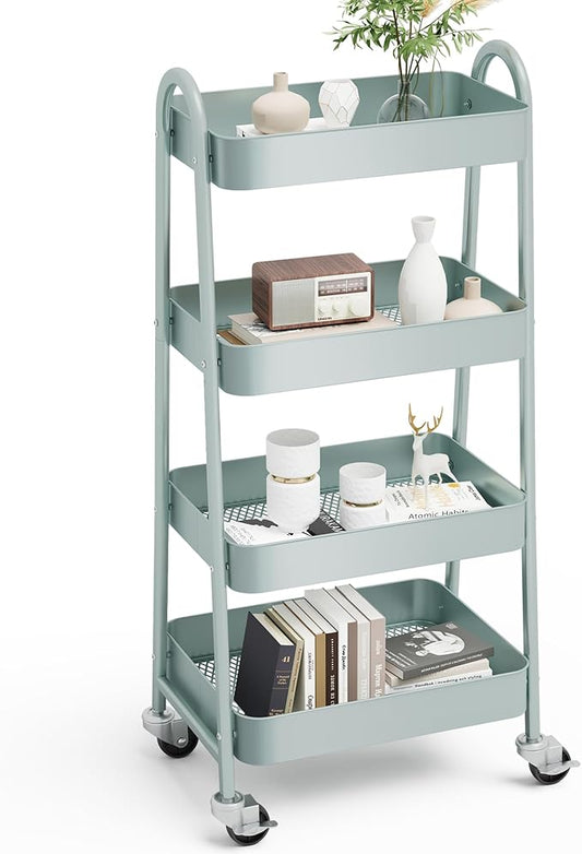 OLIXIS 4 Tier Utility Rolling Cart, Metal Mobile Storage Shelf with Lockable Caster Wheels, Organization for Livingroom, Bathroom, Kitchen, & Narrow Places, 4-Tier Green