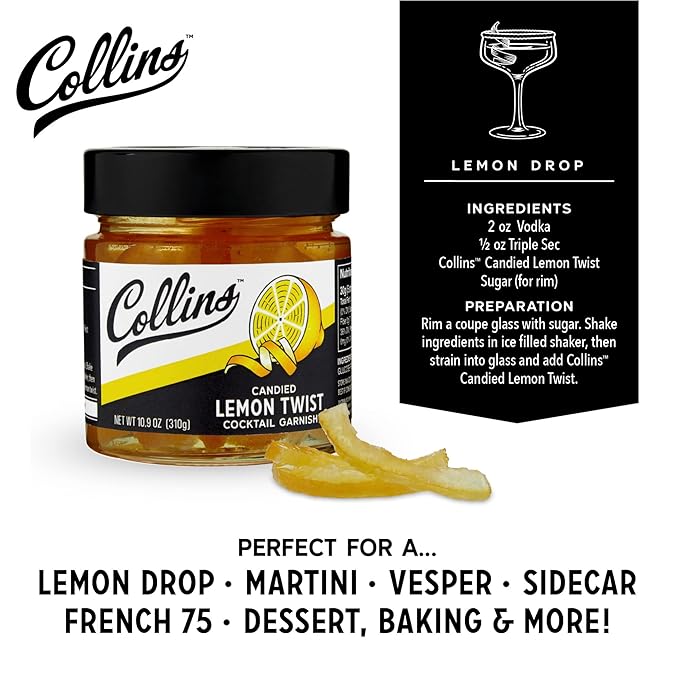 Collins Lemon Twist in Syrup, Popular Cocktail Garnishes for Drinks, Skinny Margaritas, Martinis, Lemon Drops, Whiskey Sours, Old Fashioned, Mocktails, Perfect for Desserts, Baking Supplies, 10.9 oz