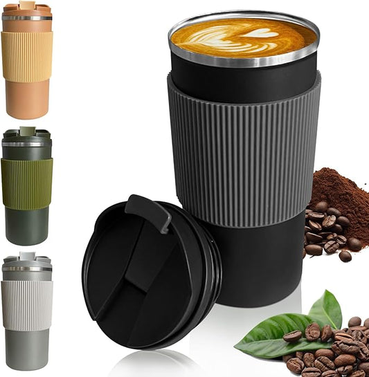 YINBAOGE Upgraded Insulated Travel Coffee Mug, Spill Proof & Leak Proof, Portable Camping Stainless Steel Tumbler, Reusable Thermal Coffee Cup with Lid for Hot & Cold Drinks (4th-Black, 15OZ)