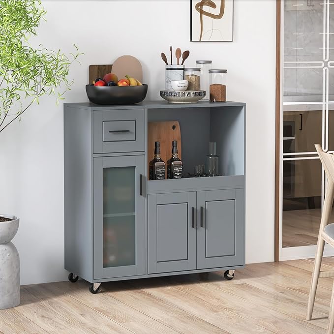 Giantex Rolling Kitchen Island with Storage, Mobile Kitchen Cart with Wheels, Tempered Glass Door, Drawer, 3-Level Adjustable Shelf, Microwave Cart, Coffee Cart Station for Dining Room, Grey