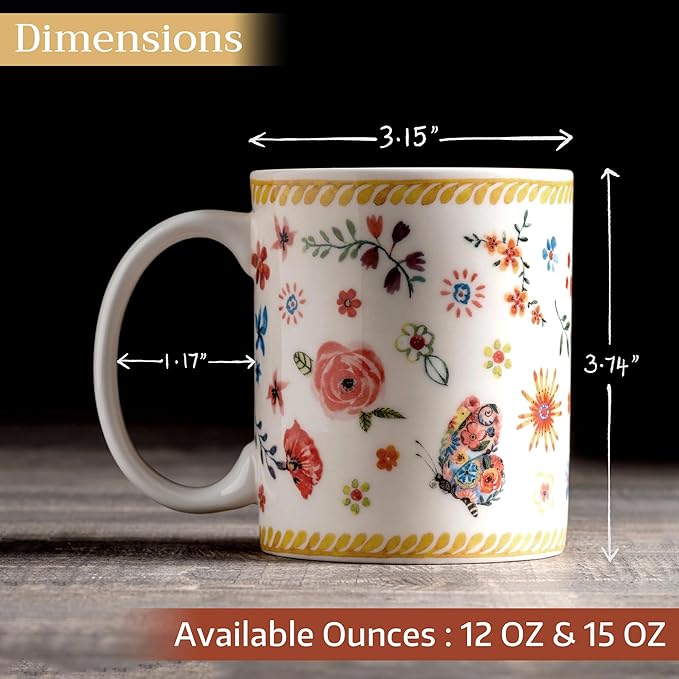 Maison d' Hermine Coffee Mug with Handles Fine Bone China Mugs Pack of Two Tea Cups for Hot Beverages Cappuccino Latte Home Restaurant Office Perfect for Gift (Happy Florals - Sweety, 12 Ounce)