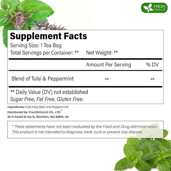 FreshDrinkUS, Premium Tulsi Peppermint Herbal Tea – 135 Tea Bags, 100% Natural, Blend of Tulsi Holy Basil Leaves, and Peppermint Leaves. Made with Natural Material Tea Bags. No Sugar, Vegan.