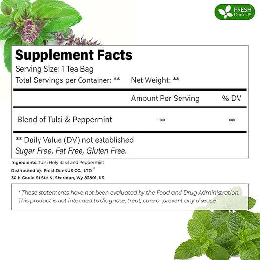 FreshDrinkUS, Premium Tulsi Peppermint Herbal Tea – 135 Tea Bags, 100% Natural, Blend of Tulsi Holy Basil Leaves, and Peppermint Leaves. Made with Natural Material Tea Bags. No Sugar, Vegan.