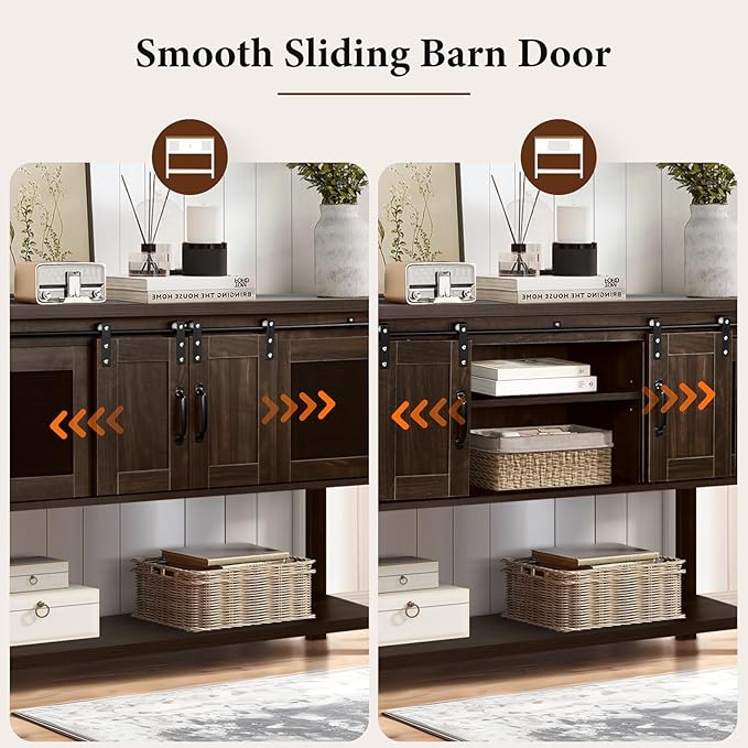 4ever2buy Farmhouse Coffee Bar Cabinet with Storage, 47'' Coffee Bar Table with Sliding Barn Door, Buffet Cabinet with Metal Mesh Doors, Console Table with Bottom Open Shelf, Brown
