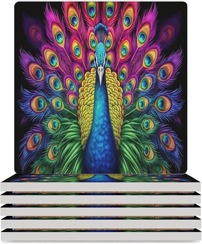 Peacock Drink Coasters, Square Ceramic Drink Coaster Square-6PCS, Vintage Country Beautiful Colorful Peacock Decor Absorbent Ceramic Coasters for Beverage Cup, Bar, Coffee Table