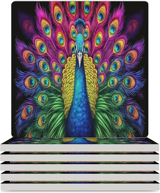 Peacock Drink Coasters, Square Ceramic Drink Coaster Square-6PCS, Vintage Country Beautiful Colorful Peacock Decor Absorbent Ceramic Coasters for Beverage Cup, Bar, Coffee Table