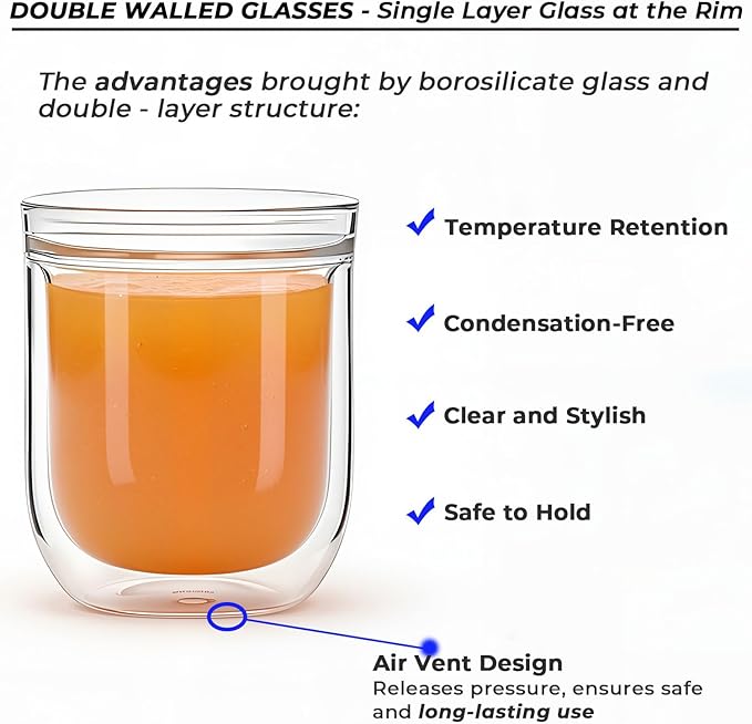Aquach Double Wall Glass Espresso Coffee Cup 8 oz. 2pcs, Clear Drinking Glasses Insulated, Single Wall Mouth/Double Wall Body