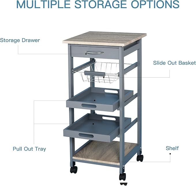 HOMCOM Mobile Kitchen Cart, Rolling Kitchen Island with Storage, Solid Wood Frame Utility Cart with Wire Fruit Baskets, Trays and Drawer, Gray