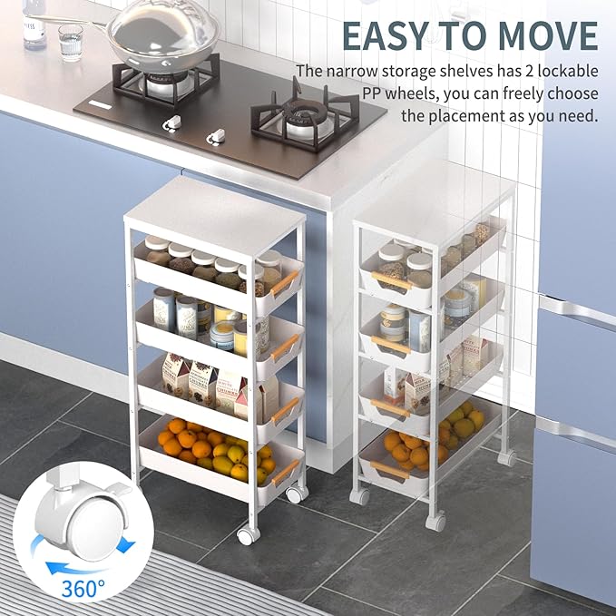 5 Tier Slim Rolling Utility Cart with Drawers Pull-Out Design Slim Storage Cart with Metal Frame and Wooden Top for Narrow Space in Home Kitchen Bathroom White (Width 9.5 Inches)