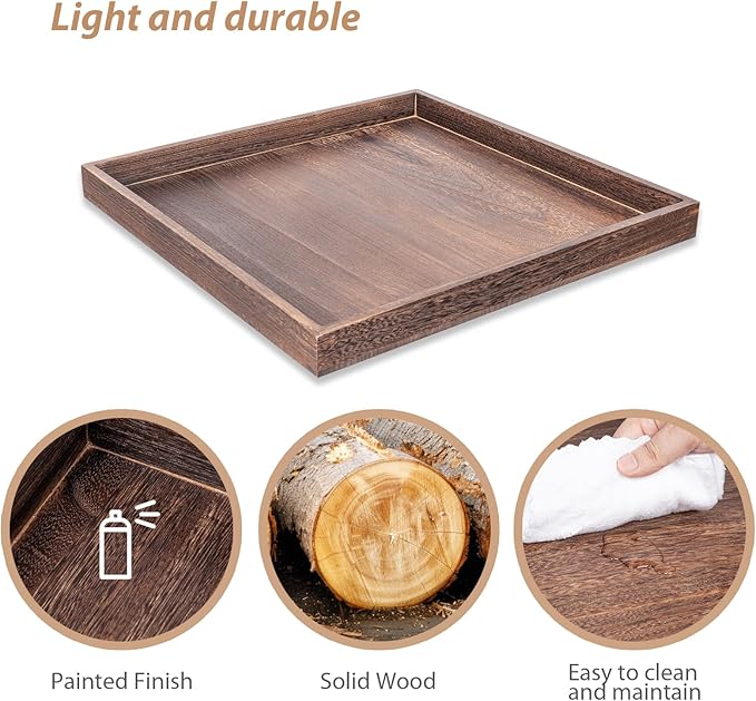 Ottoman Tray for Coffee Table Living Room Wood Serving Tray Large Wooden Square 24 Inches Rustic Brown