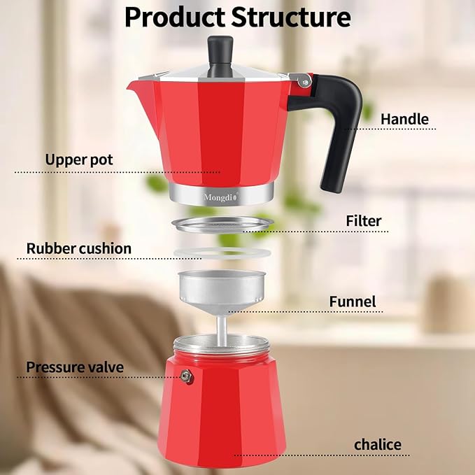 Mongdio Stovetop Espresso Maker Moka Pot, Stove Top Cuban Coffee Maker, Italian Greca Mocha Pot, 6 Espresso Cups, 10 oz - Red