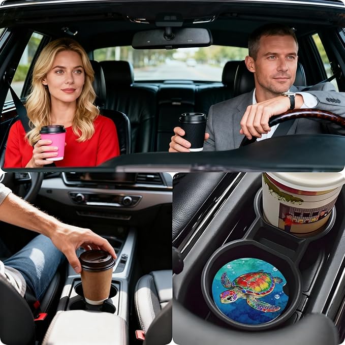 Car Cup Holder Coasters, 2 Pcs Ceramic Coasters with Finger Slot and Cork Back, Anti-Slip Shock Absorbing Women and Men Universal Car Accessories - Colorful Sea Turtle