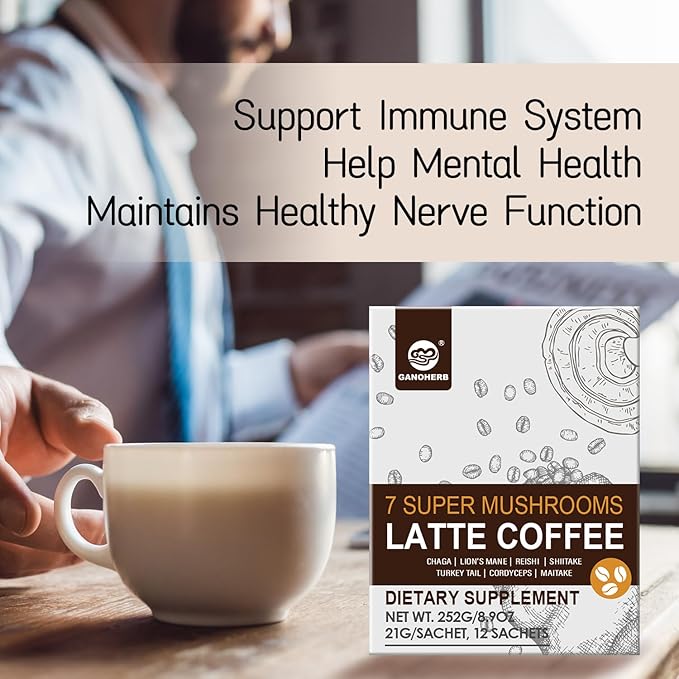 7 in 1 Mushroom Coffee Mix, Instant Latte Coffee Blend Nootropic Cafe Complex with Reishi, Lion’s Mane, Chaga, Turkey Tail, Maitake, Cordyceps for Energy Focus Immune Boost (12 Servings)