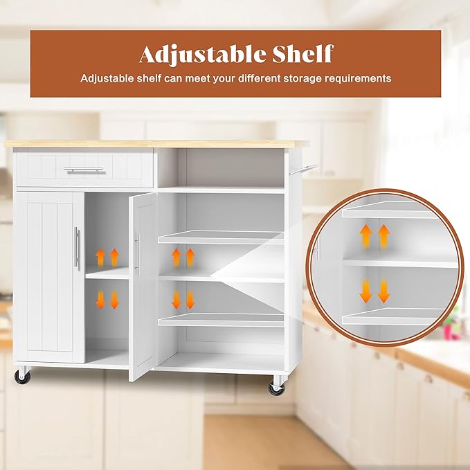 SUNLEI Kitchen Island with Storage Cabinet, 42" Kitchen Cart on Wheels with Shelves, Cart Handle for Towel Rack or Free Mobility, Portable Islands for Kitchen(Stylish White, 42-INCH)