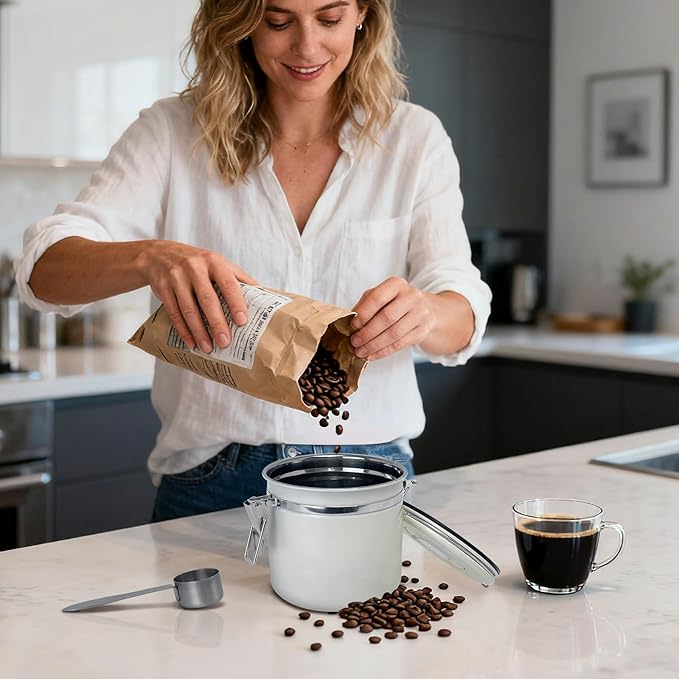 1.2L Airtight Vacuum Coffee Canister, Stainless Steel Storage Container for Coffee Beans and Grounds with Scoop.Suitable for coffee powder, coffee beans, rice, tea leaves, sugar, flour, and grains