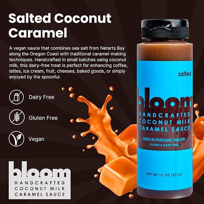 Bloom Caramel Salted Coconut Caramel Sauce – Vegan, Dairy-Free Dessert Topping, Small Batch Artisanal Quality, Made with Premium Ingredients, Perfect for Coffee, Ice Cream, and Baking – 22oz