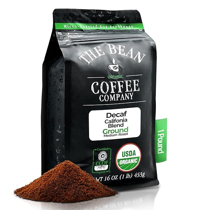 The Bean Organic Coffee Company Water Processed DECAF California Blend, Medium Roast, Ground Coffee, 16-Ounce Bag, Café Molido Tostado Orgánico descafeinado