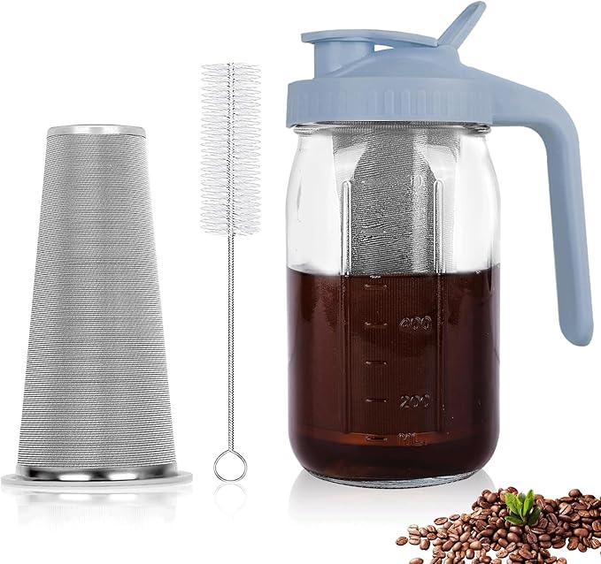 QHH Cold Brew Coffee Maker,32 oz Mason Jar Pitcher with Stainless Steel Filter, Pour Spout Handle Lid, Heavy Duty Glass Airtight & Leak-Proof Pitcher for iced coffee Tea Lemonade-Gray