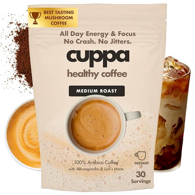 Cuppa Medium Roast Mushroom Coffee with Adaptogens & Superfoods - Lion’s Mane, Ashwagandha & Cordyceps. Adaptogens + MCT to support natural energy, mental focus & gut health (30 Servings)