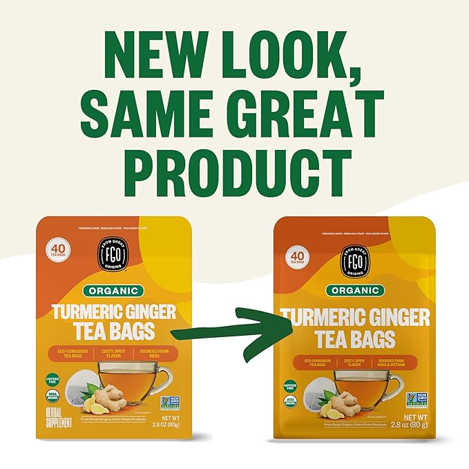 FGO Organic Turmeric Ginger Herbal Tea, 40 Count, Eco-Conscious Tea Bags, Caffeine Free (Pack of 1)
