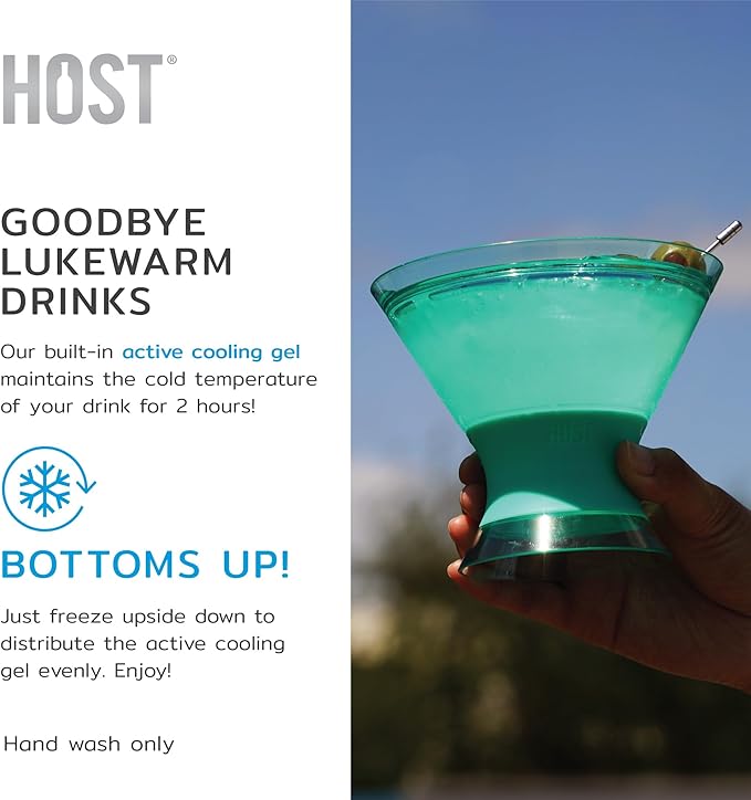 HOST Freeze Insulated Martini Cooling Cups, Plastic Freezer Gel Chiller Double Wall Stemless Cocktail Glass Set of 2 9oz, Tinted Aqua Blue, Green