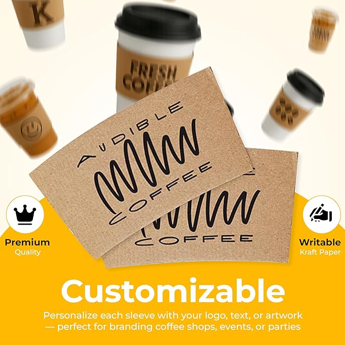 Customizable 50 Pcs Insulated Coffee Sleeves for 10-20oz Cups | Eco-Friendly, Reusable, Stylish Kraft Paper Design, Perfect for Hot & Cold Drinks, Coffee Shops, Parties & Events
