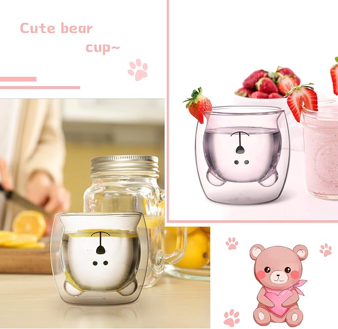 Patelai 2 Pcs Cute Bear Mugs Insulated Double Wall Glass Bear Cups for Christmas Birthday Gifts Animal Tea Milk Juice Chocolate Cappuccino Cups Home Glass Mugs for Baby Shower(White, Pink)