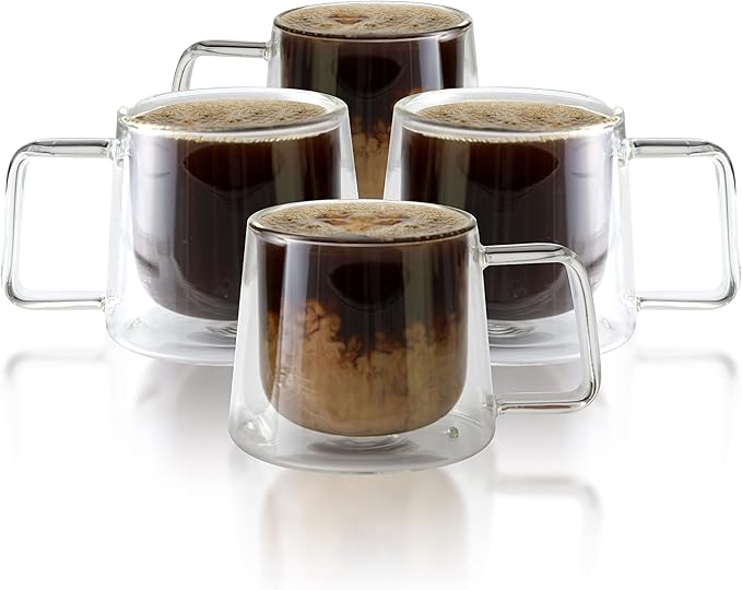LEMONSODA Double Walled Glass Coffee Drink Mug with Handle - Set of 4 (250 mL / 8.5 fl. oz) Insulated Thermal Mugs Glasses For Tea, Coffee, Latte, Cappucino, Cafe, Milk - Housewarming Gifts
