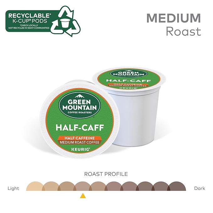 Green Mountain Coffee Roasters Half Caff Keurig Single-Serve K-Cup pods, Medium Roast Coffee, 72 Count