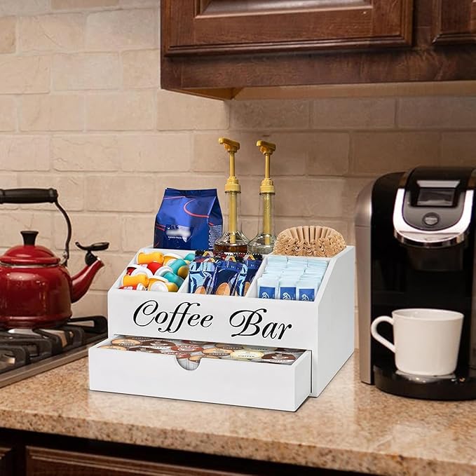 Coffee Bar Organizer Countertop, Wooden Bar Accessories With Drawer, Coffee Station Organizer Pods Holder Storage Basket, Farmhouse Tea Condiment Station
