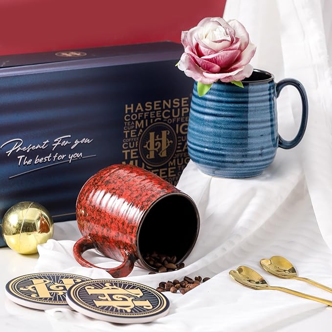 HASENSE Ceramic Coffee Mug Set of 2, 20 Oz Tea Cups for Women and Men, Handmade Large Latte Mugs with Handle, Gift Box with Coaster & Gold Spoon, Perfect for Christmas Thanksgiving, Blue & Red