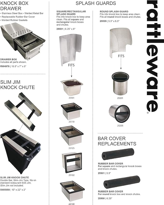 Rattleware Stainless Steel Open Bottom Knock Box Chute - Heavy Duty Espresso Grounds Disposal Tool with Welded Rubber Bar Fits Coffee Stations, Cafe, Restaurant, Hotel, Barista Home (6 x 5.5 x 4)