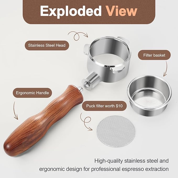 51mm Bottomless Portafilter with Puck Screen, 3 Ears Stainless Steel Head, Compatible with CASABREWS CM5418, 3700Essential, 3700Gense Espresso Machines, Includes 304 Stainless Steel Filter Basket