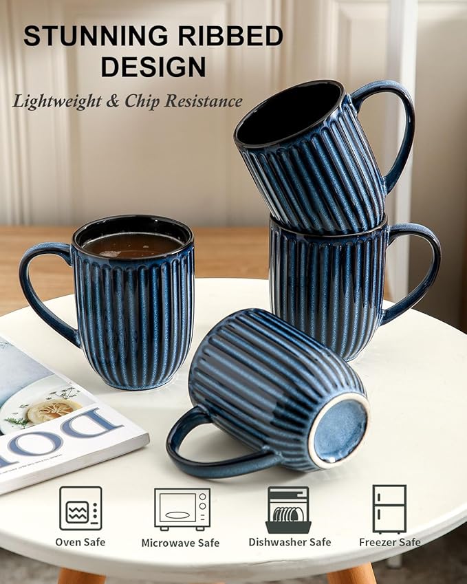 HASENSE Coffee Mugs Set, 16 oz Ceramic Coffee Cups, Ribbed Tea Cup Set of 4, Dishwasher & Microwave Safe, Wedding, Housewarming Gift, Navy Blue