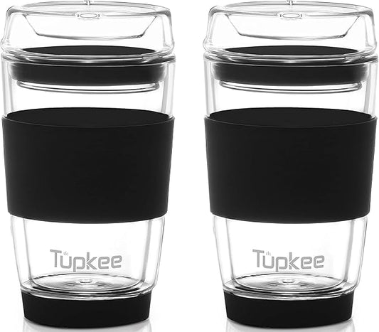 Tupkee Double Wall All Glass Tumbler - 8-Ounce, Reusable Insulated Tea/Coffee Mug & Lid, Hand Blown Glass Travel Mug - Black - 2 Pack