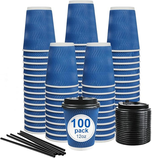 Coffee Cups, 100 Pack 12 oz Disposable Blue Insulated Paper Cups, Corrugated Kraft Ripple Wall Cup, Comes With Lids and Straws, Suitable for Hot and Cold Drinks