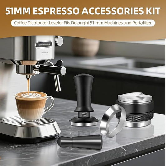 Premium 51mm Espresso Distribution Tool Set,Professional Barista Kit with Calibrated Tamper, Dosing Funnel, Spring Loaded Design,Black and Silver