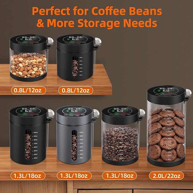 Electric Vacuum Coffee Canister, 2.0L Glass Airtight Food Storage Containers with Smart Pressure Sensor, Automatic Coffee Bean Container Rechargeable with LED Display Window for Kitchen Food Storage