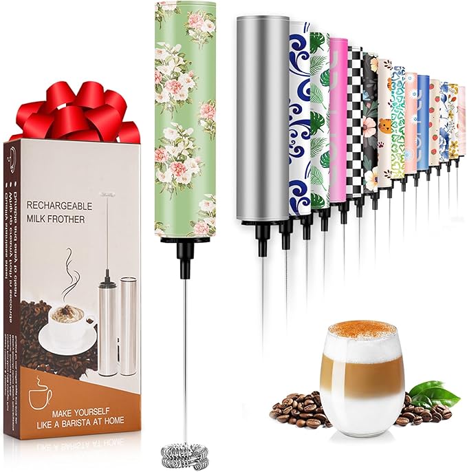Milk Frother Handheld Rechargeable - 2-Speed Electric Whisk with 5 Detachable Heads (Frother/Mixer/Whisk) for Coffee, Latte, Cappuccino & Matcha, Drink Mixer (Flower 9)