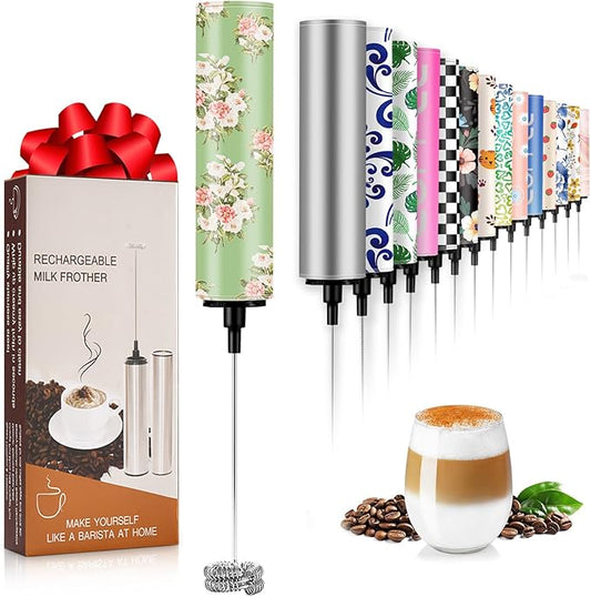 Milk Frother Handheld Rechargeable - 2-Speed Electric Whisk with 5 Detachable Heads (Frother/Mixer/Whisk) for Coffee, Latte, Cappuccino & Matcha, Drink Mixer (Flower 9)