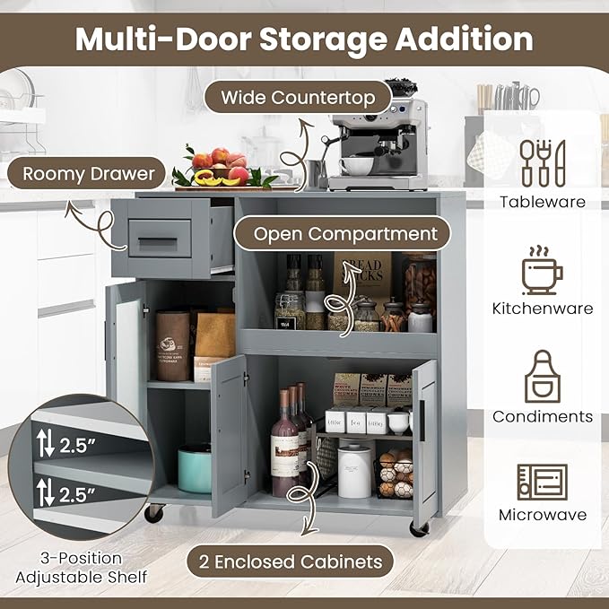 Giantex Rolling Kitchen Island with Storage, Mobile Kitchen Cart with Wheels, Tempered Glass Door, Drawer, 3-Level Adjustable Shelf, Microwave Cart, Coffee Cart Station for Dining Room, Grey