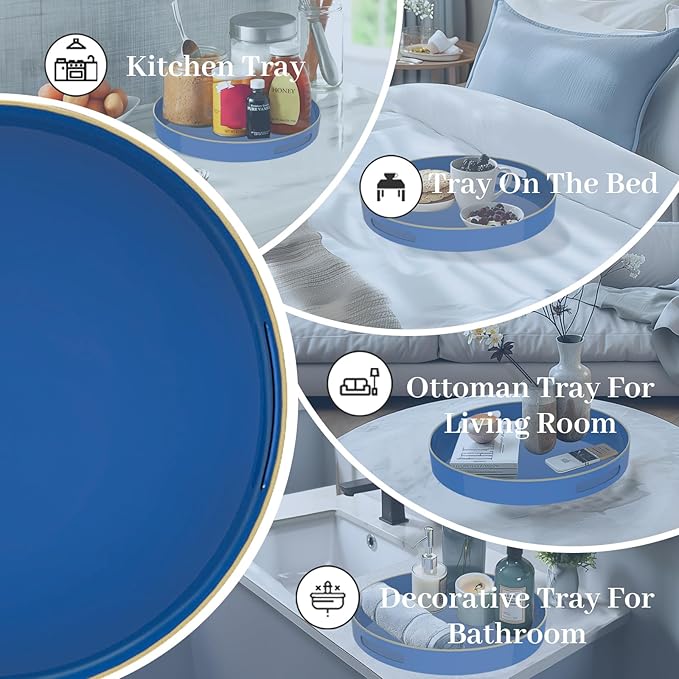MAONAME 13" Blue Round Tray, Navy Serving Tray with Handles, Modern Decorative Trays for Coffee Table, Plastic Trays for Ottoman, Bathroom, Decor
