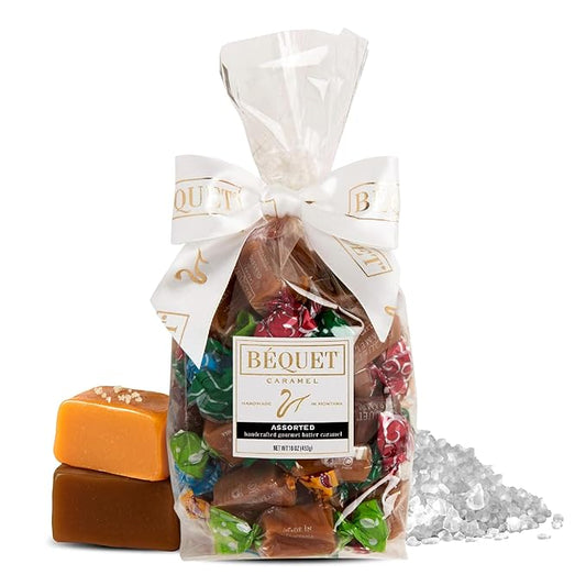 Béquet Assorted Caramels - Gourmet Individually Wrapped Candy Variety Pack - Celtic Sea Salt, Salt Chocolate, Classic Vanilla, Butterscotch, Green Apple, Salted Mocha & Salted Butterscotch - 16 oz Gift Bag